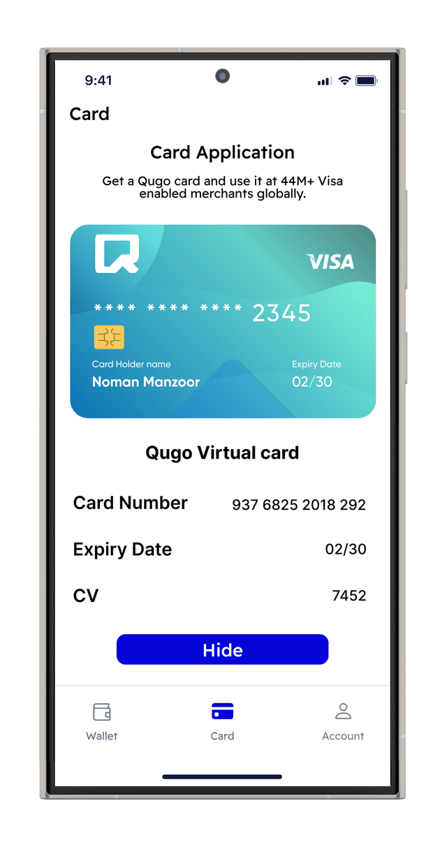 Qugo app and virtual card